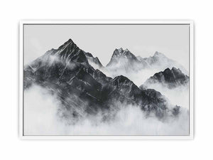 Black and white mountain range rising through soft atmospheric mist for modern living rooms decor.