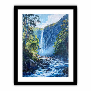 Lush forest waterfall flowing through rocky blue mountain stream for modern living rooms decor.