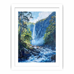 Lush forest waterfall flowing through rocky blue mountain stream for modern living rooms decor.