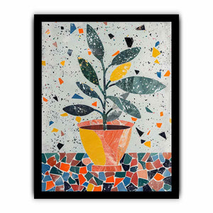 Stylized potted plant surrounded by playful terrazzo shapes for modern kitchens decor.