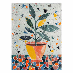 Stylized potted plant surrounded by playful terrazzo shapes for modern kitchens decor.
