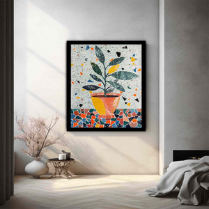 Stylized potted plant surrounded by playful terrazzo shapes for modern kitchens decor.