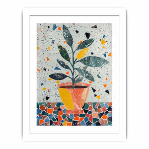 Stylized potted plant surrounded by playful terrazzo shapes for modern kitchens decor.