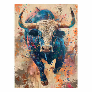 Colorful charging bull portrait with expressive paint splashes for modern offices decor.