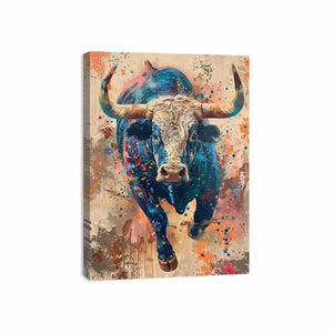 Colorful charging bull portrait with expressive paint splashes for modern offices decor.