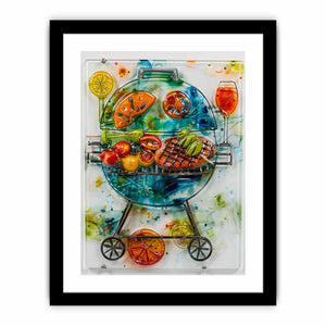Colorful barbecue grill canvas art with citrus and vegetables for modern kitchen decor.