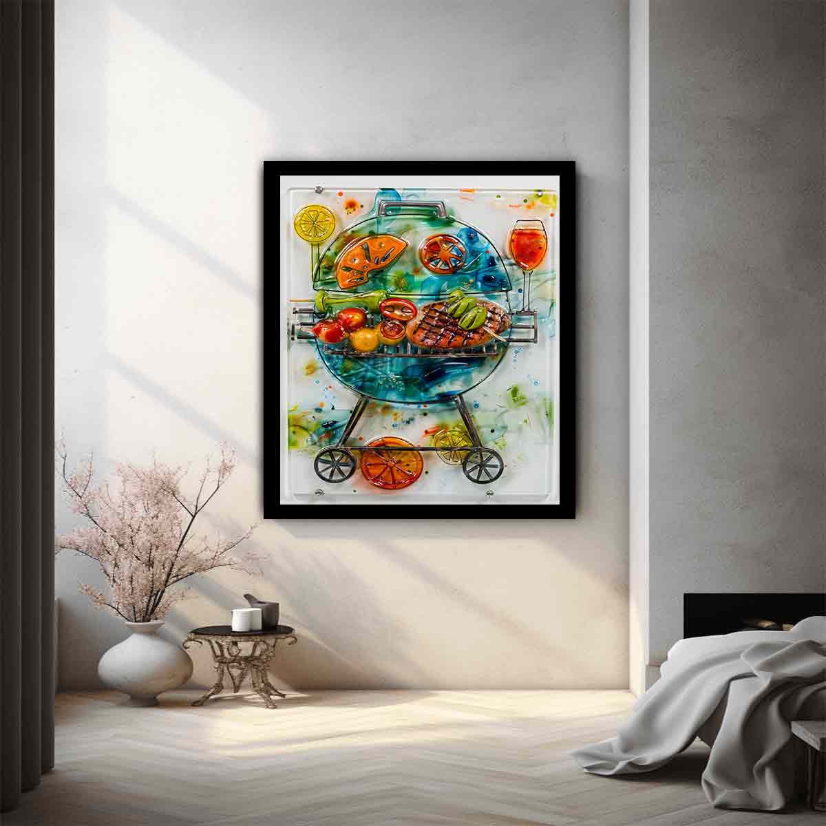 Colorful barbecue grill canvas art with citrus and vegetables for modern kitchen decor.