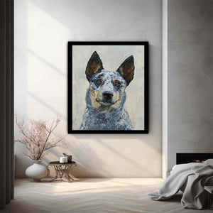 Blue heeler dog portrait canvas art for warm modern living room decor.