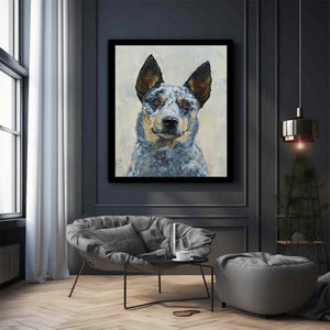 Blue heeler dog portrait canvas art for warm modern living room decor.