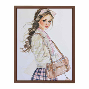 Fashion girl illustration canvas art with plaid outfit for chic bedroom decor.