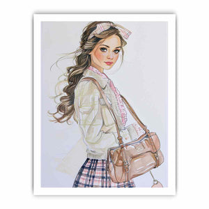 Fashion girl illustration canvas art with plaid outfit for chic bedroom decor.