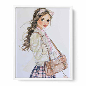 Fashion girl illustration canvas art with plaid outfit for chic bedroom decor.