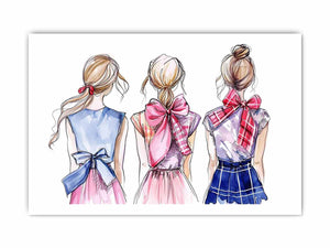 Three fashion girls with bows watercolor canvas art for feminine bedroom decor.