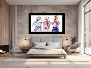 Three fashion girls with bows watercolor canvas art for feminine bedroom decor.