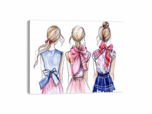 Three fashion girls with bows watercolor canvas art for feminine bedroom decor.