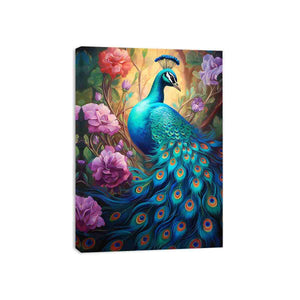 Bold teal peacock canvas art with roses for luxury living room decor.