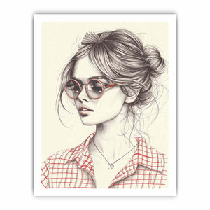 Chic woman in red glasses fashion illustration canvas art for modern office decor.