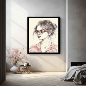 Chic woman in red glasses fashion illustration canvas art for modern office decor.