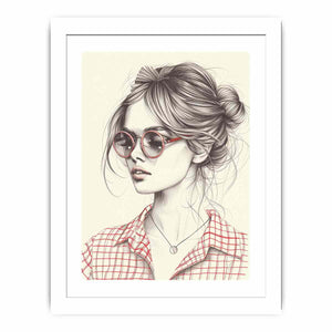 Chic woman in red glasses fashion illustration canvas art for modern office decor.
