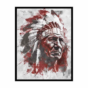 Dramatic Indigenous-inspired elder portrait canvas art for bold living room decor.