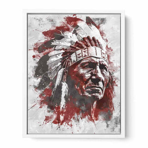 Dramatic Indigenous-inspired elder portrait canvas art for bold living room decor.