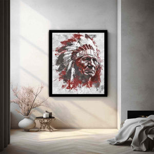 Dramatic Indigenous-inspired elder portrait canvas art for bold living room decor.
