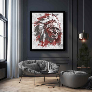 Dramatic Indigenous-inspired elder portrait canvas art for bold living room decor.