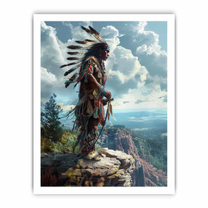 Indigenous-inspired warrior cliff landscape canvas art for dramatic office decor.