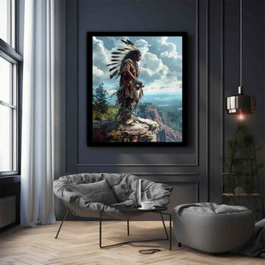 Indigenous-inspired warrior cliff landscape canvas art for dramatic office decor.