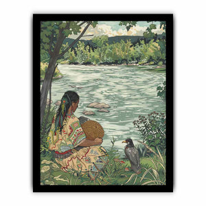 Peaceful riverside basket weaving illustration canvas art for nature-inspired bedroom decor.