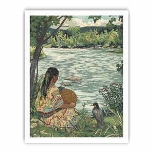 Peaceful riverside basket weaving illustration canvas art for nature-inspired bedroom decor.