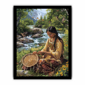 Mountain river basket weaving canvas art with birds for peaceful living room decor.