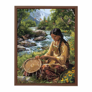 Mountain river basket weaving canvas art with birds for peaceful living room decor.