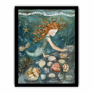 Whimsical mermaid canvas art with seashells and teal ocean details for kids room decor.