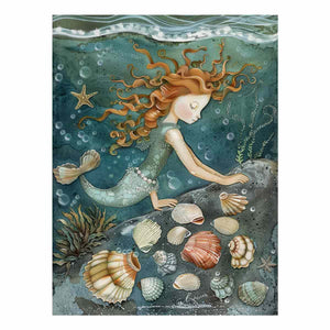 Whimsical mermaid canvas art with seashells and teal ocean details for kids room decor.