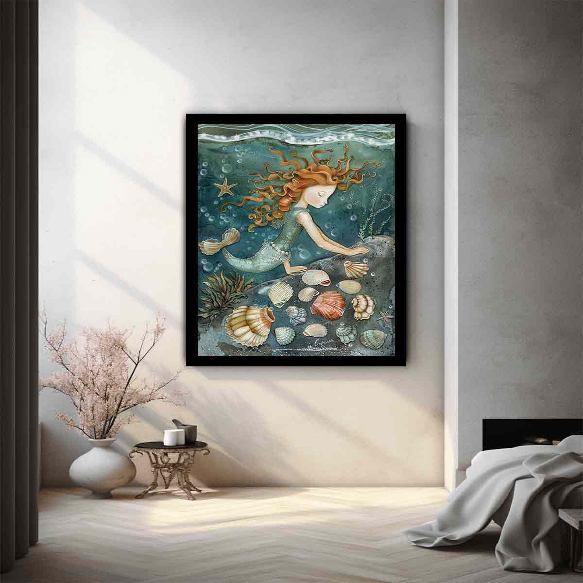 Whimsical mermaid canvas art with seashells and teal ocean details for kids room decor.