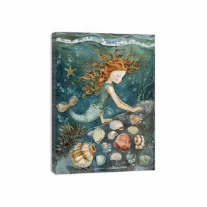 Whimsical mermaid canvas art with seashells and teal ocean details for kids room decor.