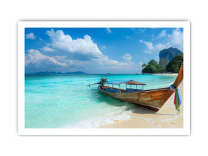 Tropical beach boat canvas print with turquoise ocean for coastal living room decor.