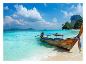 Tropical beach boat canvas print with turquoise ocean for coastal living room decor.