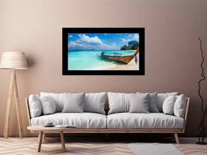 Tropical beach boat canvas print with turquoise ocean for coastal living room decor.