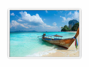 Tropical beach boat canvas print with turquoise ocean for coastal living room decor.