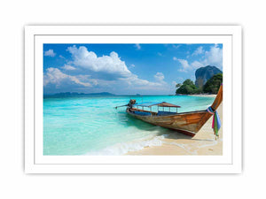 Tropical beach boat canvas print with turquoise ocean for coastal living room decor.