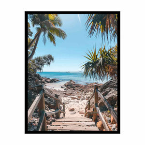 Vertical coastal beach stairs canvas print with palms and ocean for entryway decor.