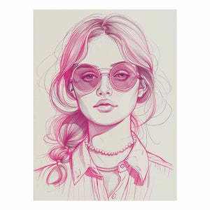 Pink fashion portrait line art with sunglasses for chic bedroom or studio decor.