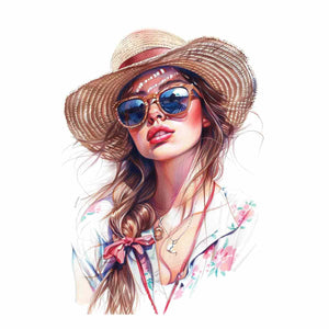 Chic fashion portrait canvas art with sun hat and sunglasses for stylish bedroom decor.