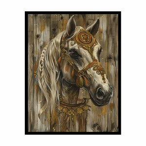 Ornate white horse canvas art with gold details for rustic luxury living room decor.