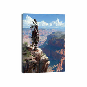 Native American inspired canyon figure canvas art for dramatic living room decor.