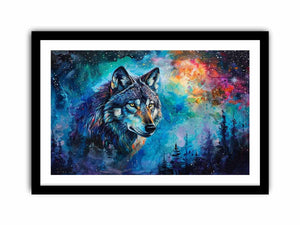 Colorful cosmic wolf canvas art for bold modern bedroom decor.