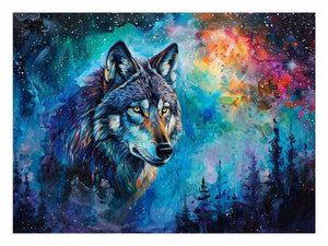 Colorful cosmic wolf canvas art for bold modern bedroom decor.