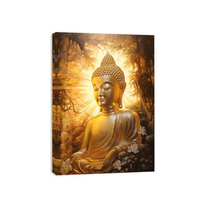 Seated golden Buddha canvas art in a sunlit forest for peaceful home decor.